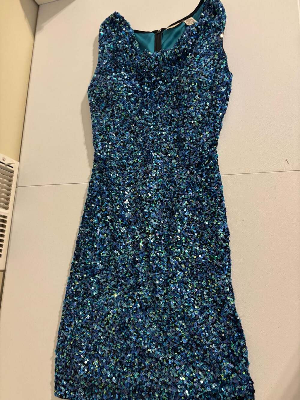 Carabella Sequin Dress Size 8 Blue Silk Cocktail Party